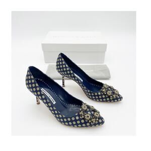 Manolo Blahnik Hangisi Navy Gold Polka Dot Jacquard Crystal Buckle Pumps IT 36.5